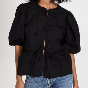 NWT GANNI Cotton Poplin Peplum Tie Blouse - Black - Size 38